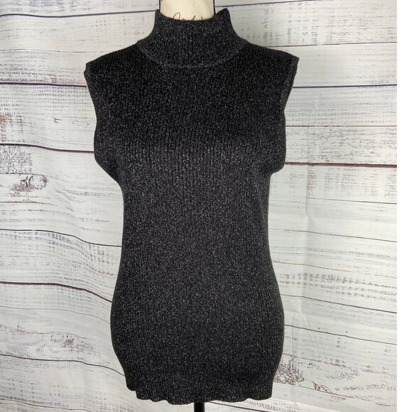 Dana Buchman Sleeveless Sweater Womens M Shimmery Black Mock Neck Ribbed Stretch - Picture 1 of 11